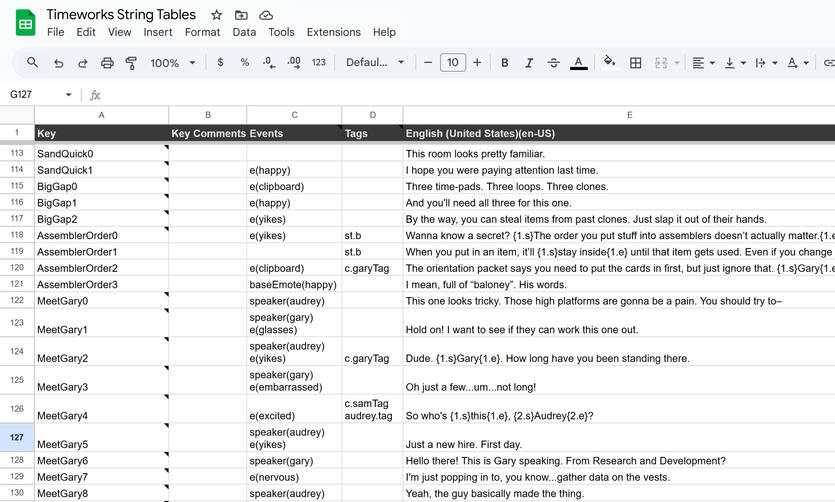 Google Sheets dialogue imports directly to Unity, utilizing my custom event & tag parser