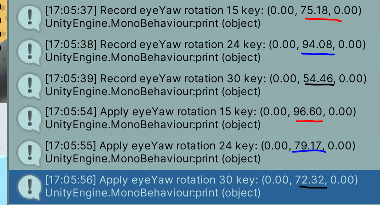 Keys 15, 24, and 30 each had different camera rotation values between being recorded and being applied